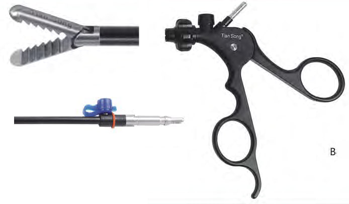 Ухоплюючий затискач (вставка 360 мм, оболонка, ручка), фіксуючий, з зубчатою насічкою, обертальний 360 град, діам 5 мм, довж 330 мм, довж браншів 16 мм, моно